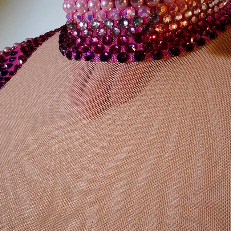 Luxury Pink Rhinestone long sleeve bodysuit Dancer Stage Wear Perform Show Girl Sheer Drag Queen Outfit Bar Nightclub