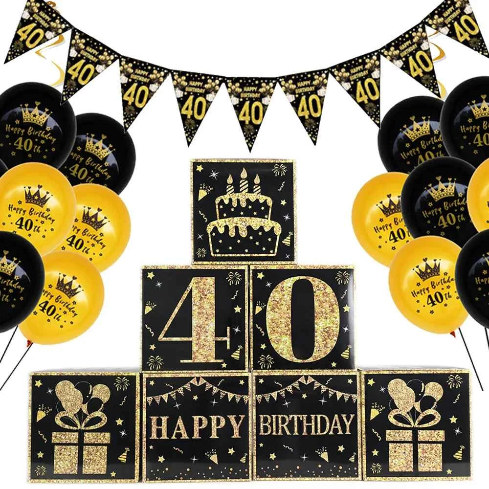 40th Birthday Party Gold Black Birthday Number Paper Box Banner Balloons Birthday Party 40 Year Old Birthday Party Decoration