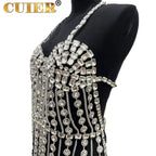 Sparkly Glass Crystal Tassel Body Chain Dress Drag Queen Stage Backless Mini Skirt