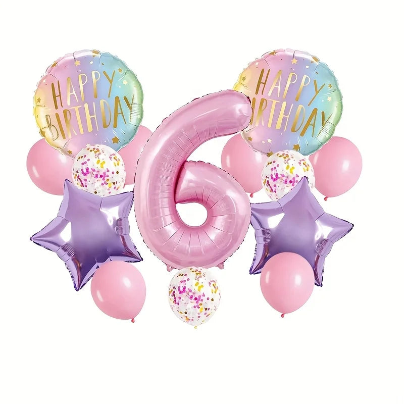 Pink Birthday Party Balloon Set, Includes 40inch Numbers 1-6 and 18inch Light Purple and Red Star-Shaped Foil Balloons, Suitable for Birthday, Wedding, and Other Party Decorations and Celebration Photo Props