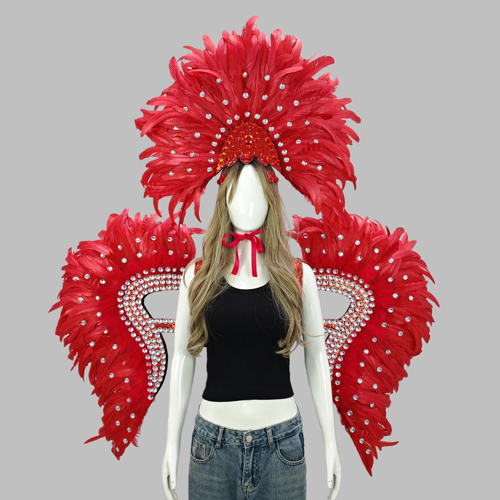 Carnival Elegant Ladies Feather Headdress Wings Two-Piece Role Play Catwalk Halloween Masquerade Carnival Party Suit