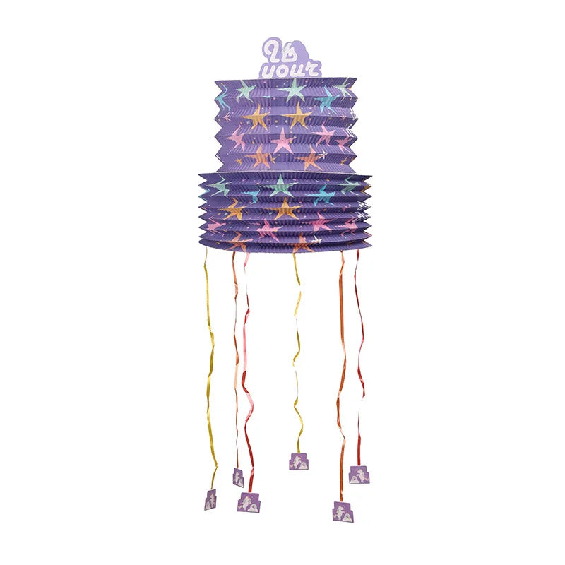Purple Pull String Piñata Small Lantern Foldable Style Candy Smashing Game for Birthday Party Carnival Themed Events Supplies
