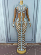 Fashion Skeleton Pattern Designed Shining Rhinestones Mesh Dress Women Halloween Party Celebrate Show Stage Outfit