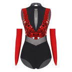 Sparkly Sequin Mock Neck Dance Leotard & Gloves Two-Piece Bodysuit Set