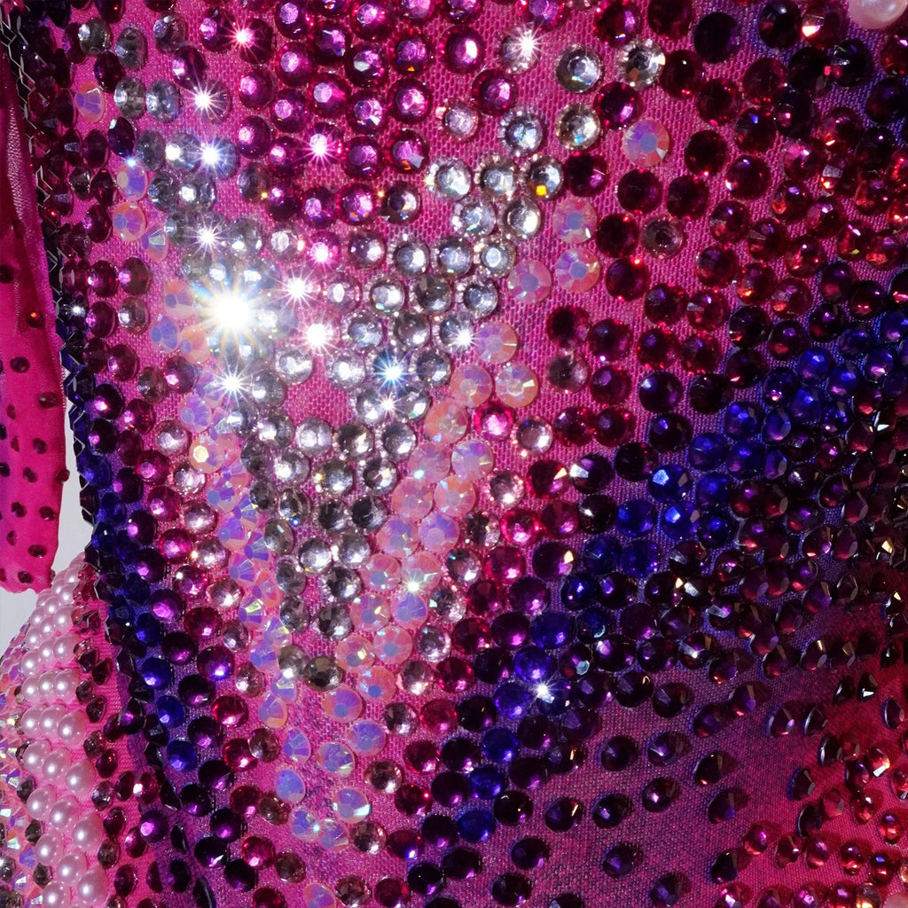 Luxury Pink Rhinestone long sleeve bodysuit Dancer Stage Wear Perform Show Girl Sheer Drag Queen Outfit Bar Nightclub