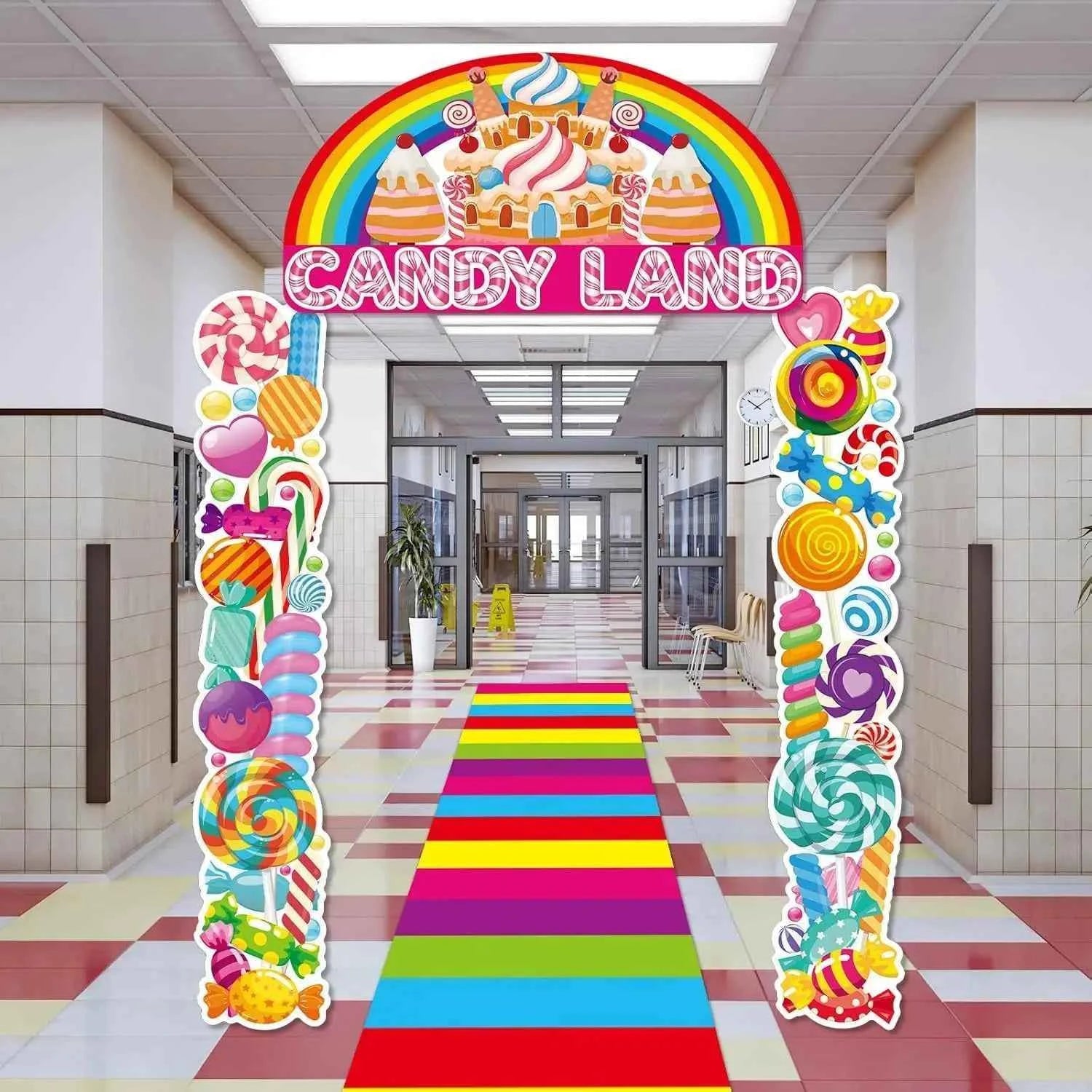 4Pcs Sweet Candyland Party Decorations Candy Door Covers Christmas Hanging Banner Backdrop Candy Land Store Porch Sign Colorful