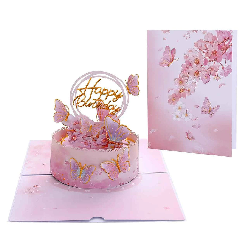 Birthday Pop Up Card: 3D Butterfly Cake & Cherry Blossom Design with Envelope