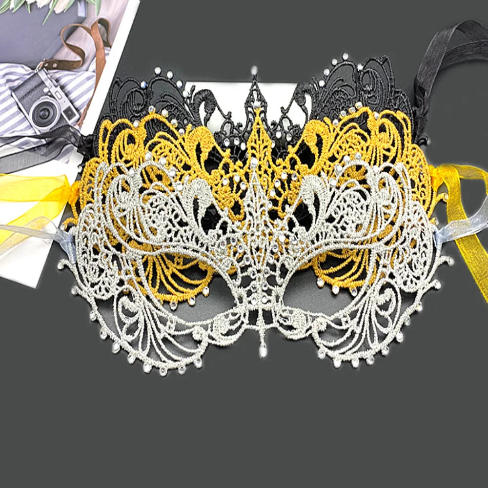 Makeup Ball Hollow Lace Face Mask With Ribbon Princess Masquerad Cosplay Prom Props Costume Female Sexy Diamonds Eye Mask