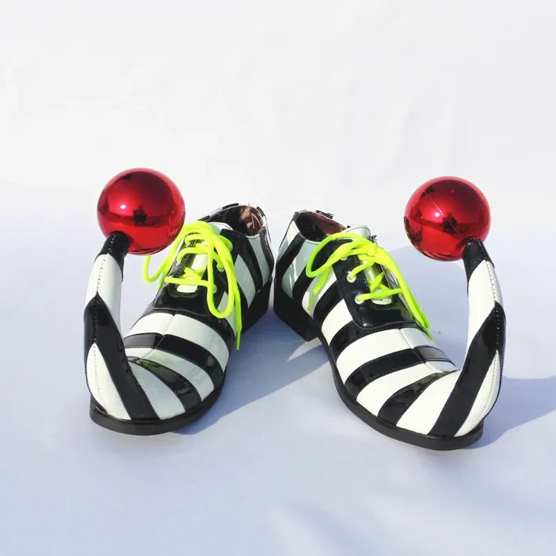 Adults Halloween Clown Cosplay Shoes Funny Circus Club Clown Performance Stripe Clown Shoes With Red Ball Carnival Cosplay Shoes - Big Tim's Magic Emporium