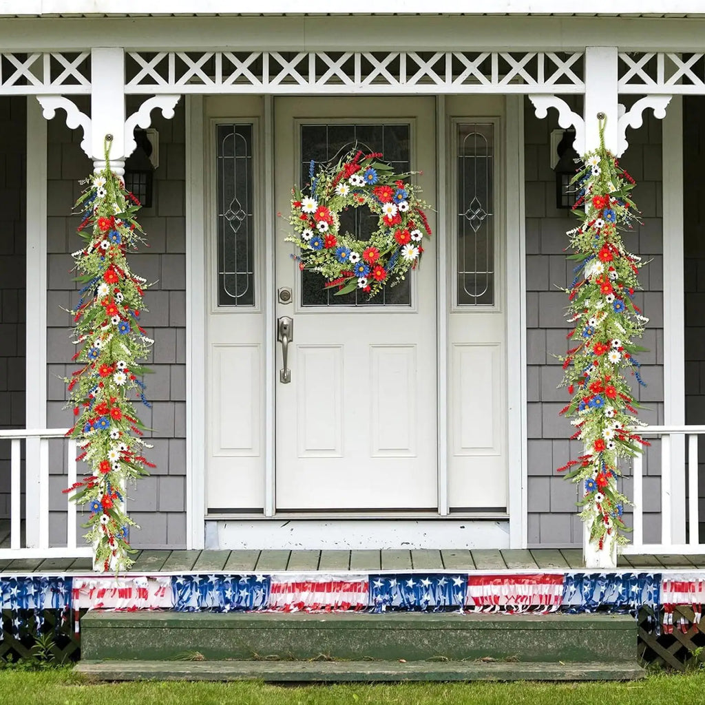 4th July Wreath 4 9Ft Red White Blue Daisy Garland Patriotic Decor for Independence Day Memorial Day Front Door Porch Party