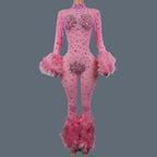 Sparkly Rhinestone & Feather Cuffed Jumpsuit Stage Performance Catsuit Costume