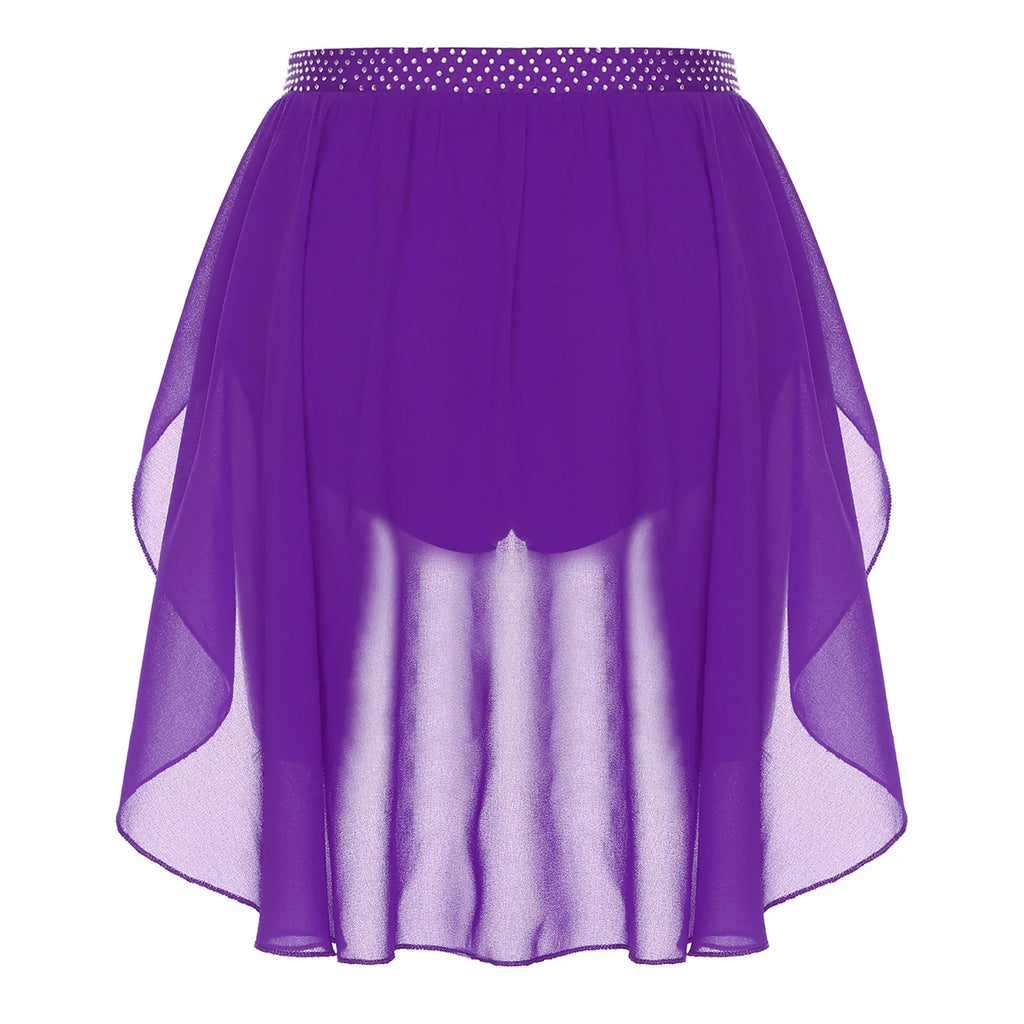 Womens Modern Lyrical Dance Skirt Performance Costume Sparkly Rhinestone Irregular Chiffon Hem Built-in Briefs Skirt Dancewear