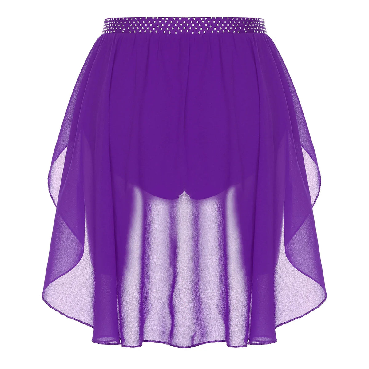 Womens Modern Lyrical Dance Skirt Performance Costume Sparkly Rhinestone Irregular Chiffon Hem Built-in Briefs Skirt Dancewear