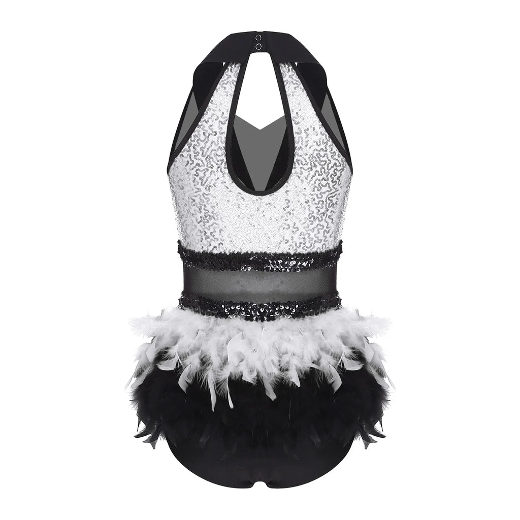Women's Shiny Sequin Sheer Mesh Feather Latin Jazz Dance Bodysuit