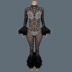 Sparkly Rhinestone & Feather Cuffed Jumpsuit Stage Performance Catsuit Costume