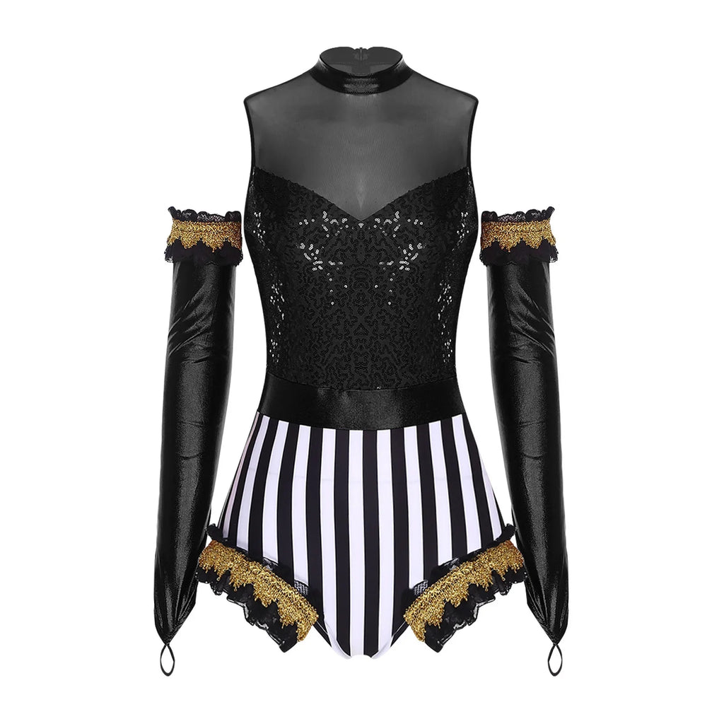 Circus Ringmaster Sequin Striped Bodysuit & Metallic Gloves 2-Piece Stage Costume Set