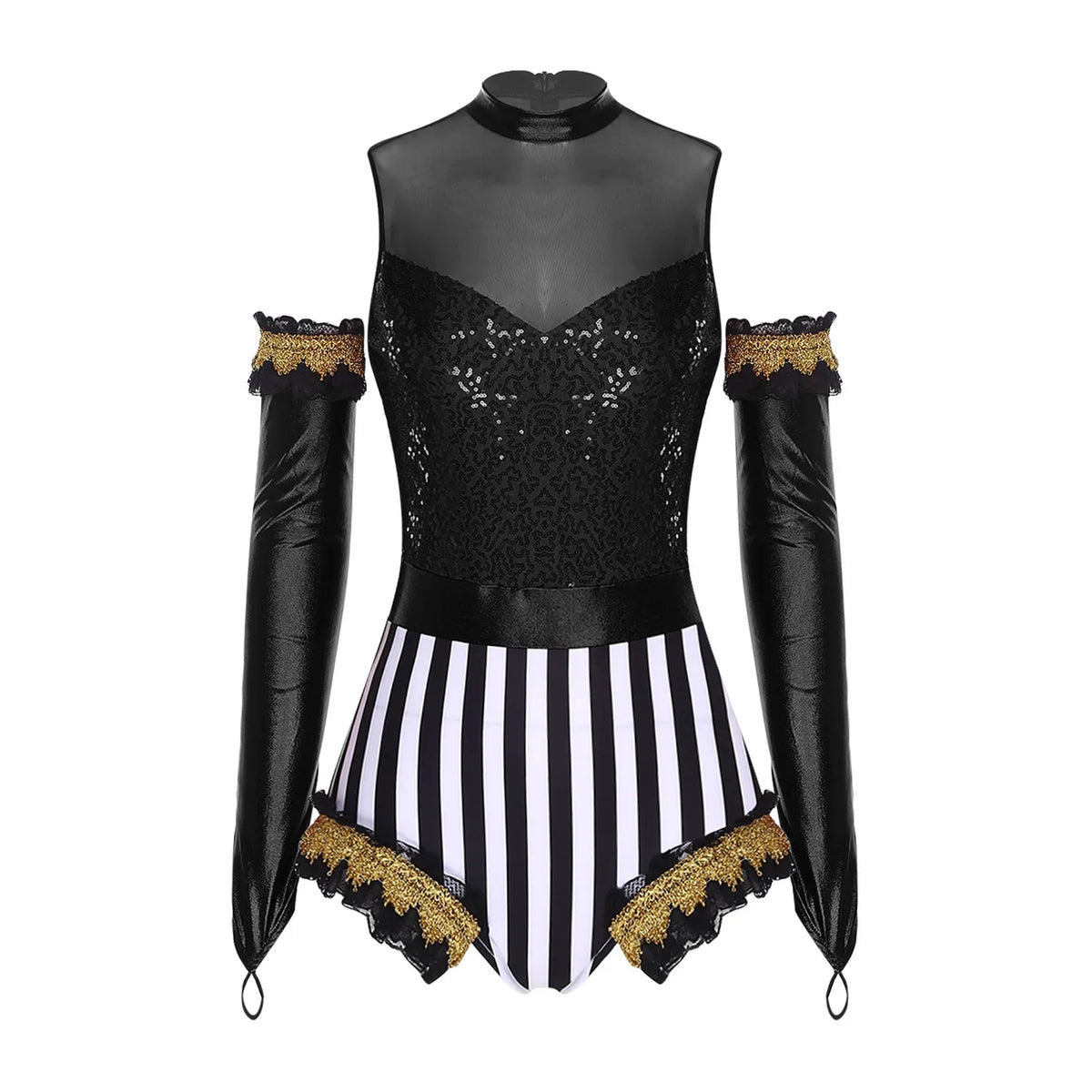 Circus Ringmaster Sequin Striped Bodysuit & Metallic Gloves 2-Piece Stage Costume Set