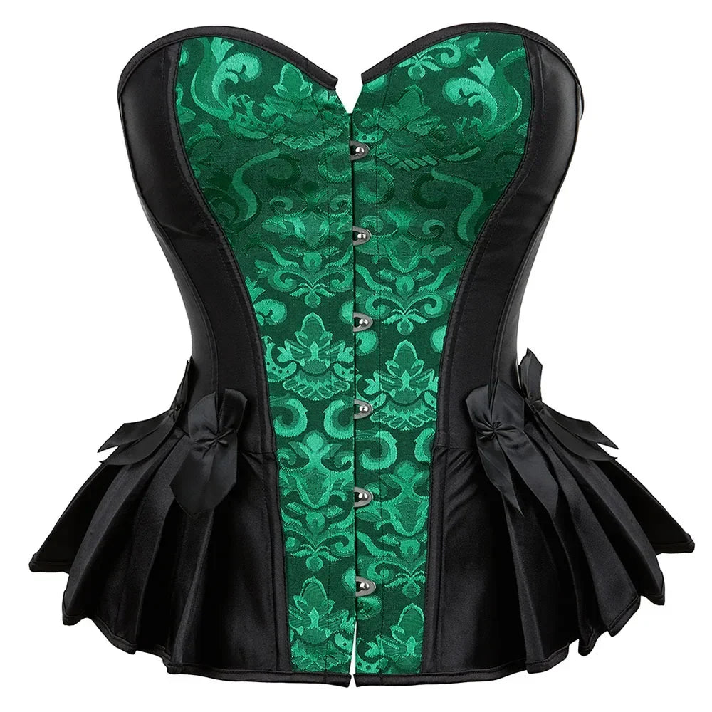 Vintage Gothic Floral Overbust Corset Top Lace Trim Boned Bustier