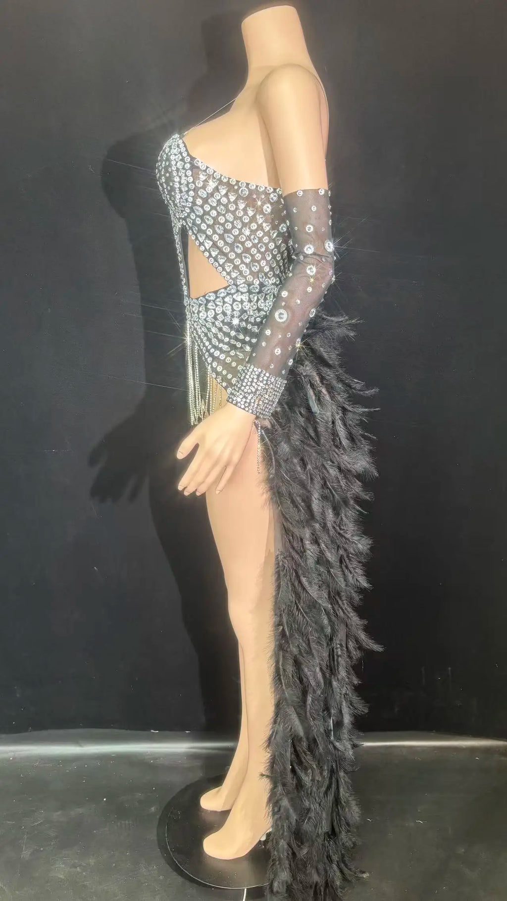 Rhinestone Chain Bodysuit with Detachable Feather Train & Sleeves 3-Piece Stage Costume Set