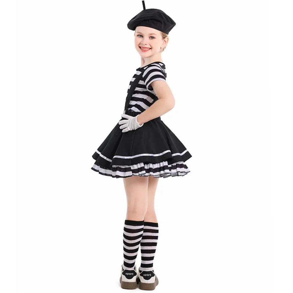 Girls Silent Actor Mime Artist Costume Funny Black White Clown Cosplay Dress for Halloween Carnival Party Outfits - Big Tim's Magic Emporium