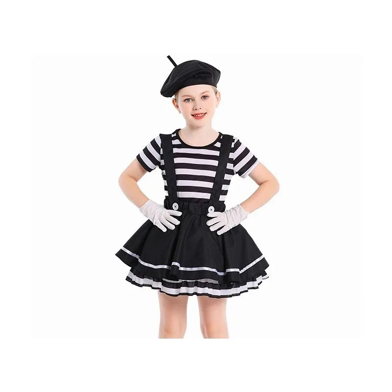 Girls Silent Actor Mime Artist Costume Funny Black White Clown Cosplay Dress for Halloween Carnival Party Outfits - Big Tim's Magic Emporium