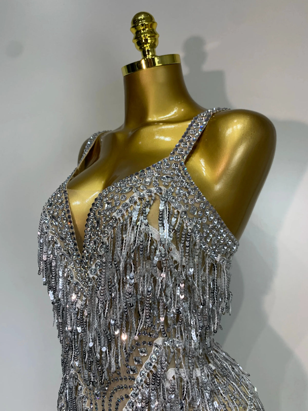 Sparkly Rhinestone Tassel Backless Mesh Bodysuit Luxury Stage Performance Costume