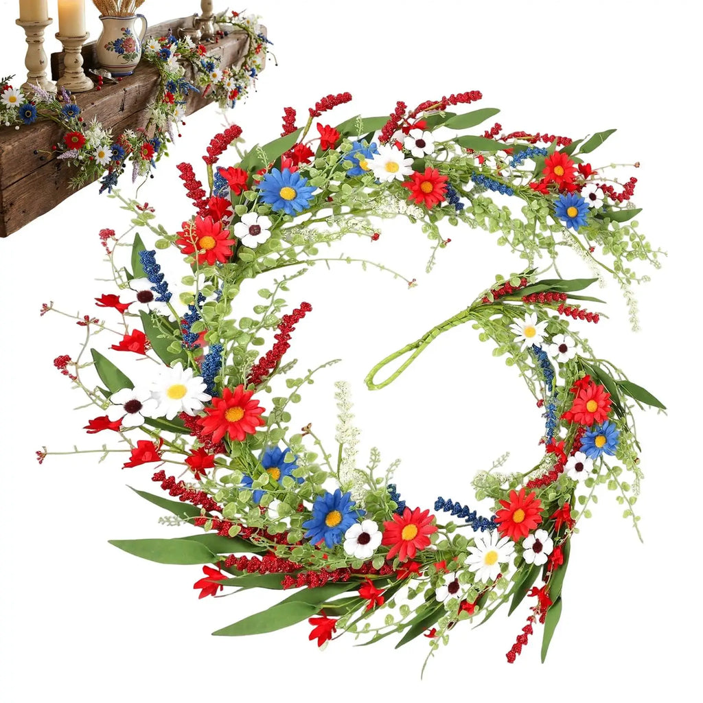 4th July Wreath 4 9Ft Red White Blue Daisy Garland Patriotic Decor for Independence Day Memorial Day Front Door Porch Party