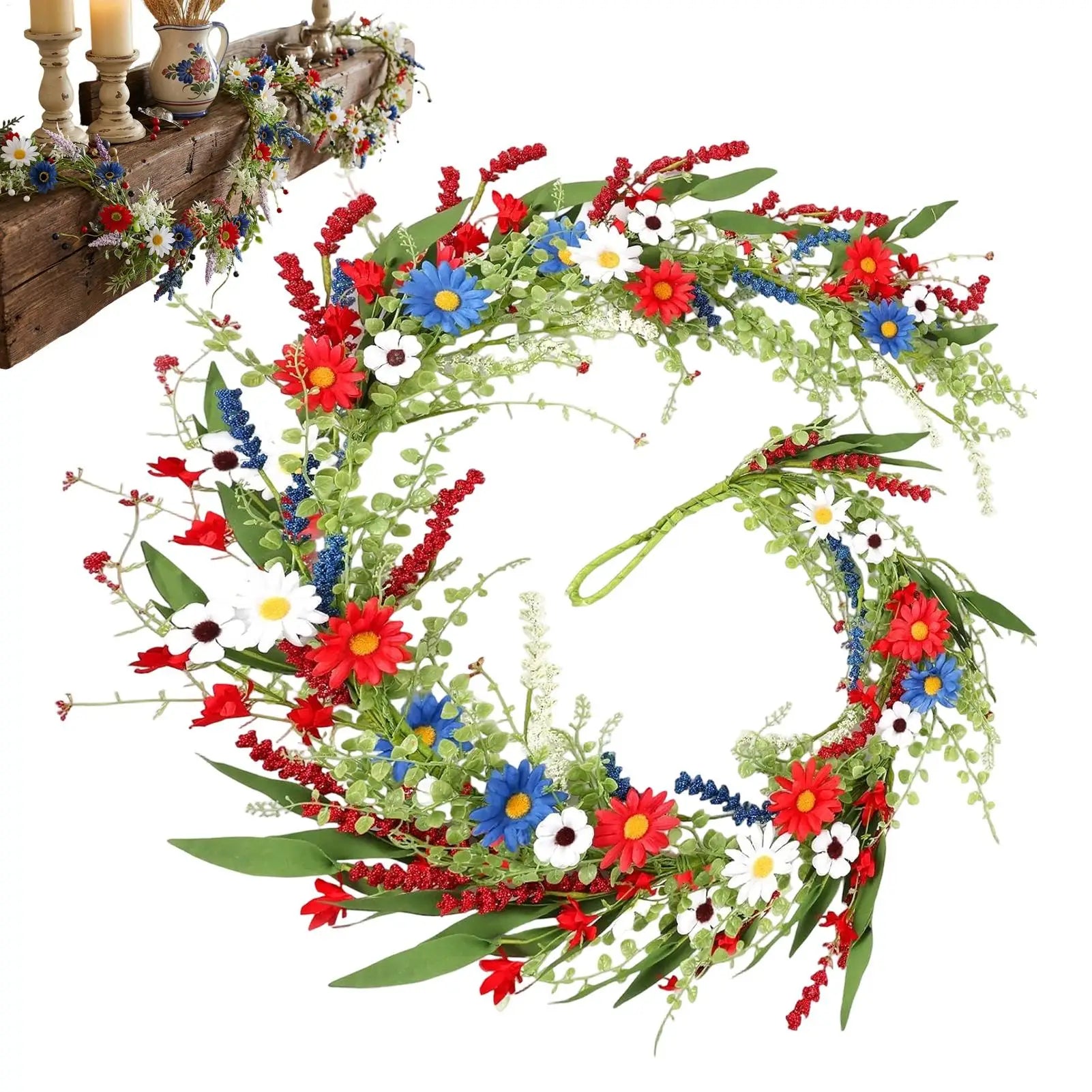 4th July Wreath 4 9Ft Red White Blue Daisy Garland Patriotic Decor for Independence Day Memorial Day Front Door Porch Party