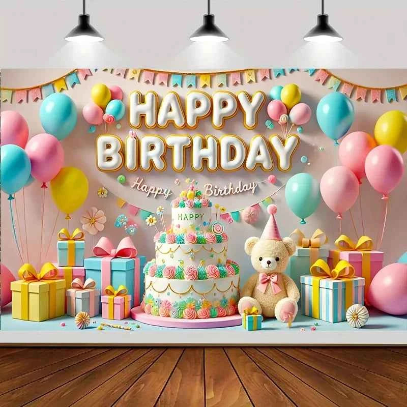 One, a "Happy Birthday" banner, colorful balloons and cake design, with a teddy bear, a birthday party background banner