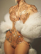 Gold Sparkly Rhinestone Sheer Mesh Bodysuit Stage Performance Costume