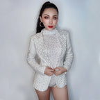 Rhinestone Bodysuit & Coat Set - Women's White Nightclub Dance Costume for Rave, Stage & Gogo Performance