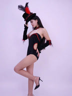 Women Team Jazz Dance Performance Costume Sexy Back Backless Crystal Bodysuit with Gloves Feather Hat Nightclub Gogo Rave Outfit