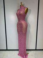 Sparkly Rhinestone Sleeveless Maxi Long Dress See-Through Sheer Mesh Stage Outfit