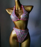 Nightclub Bar Sexy Disco Pole Dance Crystal Bikini Costume DJ Dancer Club Party Rave Outfit Pink Rhinestones Bra Set Stage Wear