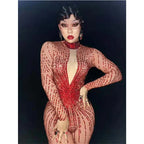 Crimson Red Rhinestone Catsuit Long Sleeve Illusion Stage Performance Jumpsuit