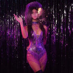 Royal Purple Rhinestone Fringe Bodysuit & Statement Hat Stage Performance Dance Costume Set