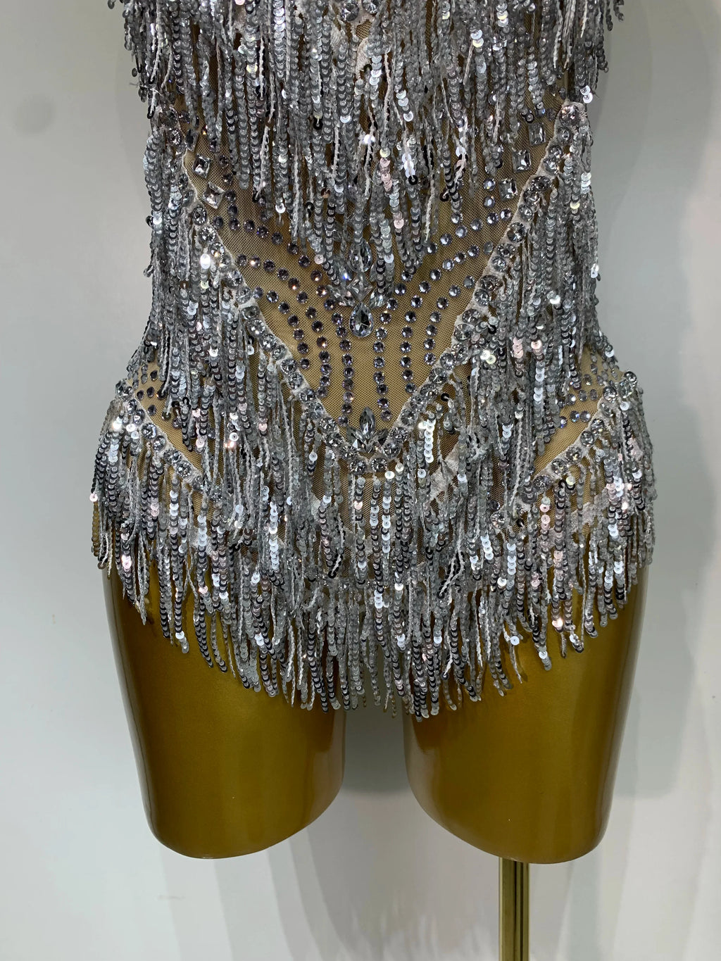Sparkly Rhinestone Tassel Backless Mesh Bodysuit Luxury Stage Performance Costume