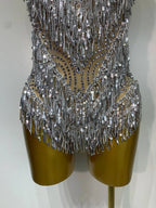 Sparkly Rhinestone Tassel Backless Mesh Bodysuit Luxury Stage Performance Costume