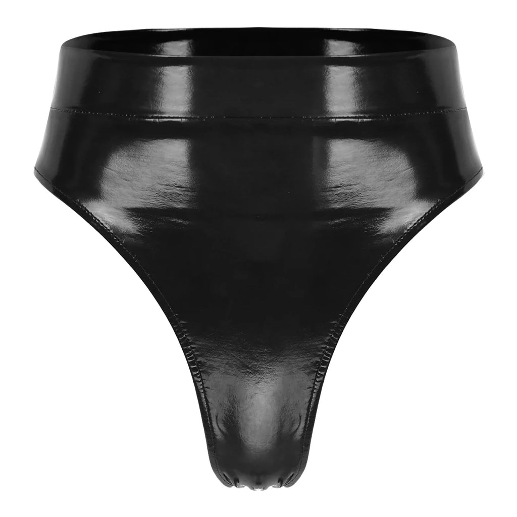 High-Waist Patent Leather Wet-Look Briefs with Adjustable Back Buckle Belt