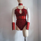 Red Sequins Bodysuit Leather Cuff Set
