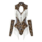 Leopard Cutout Bodysuit & Fringe Sleeves 2-Piece Latin Ballroom Stage Costume Set