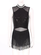 Women Sequins Diamond Latin Jazz Dance Costume Sleeveless Cutout Back Flowy Tassel Dress Leotard Tango Cha-Cha Samba Dancewear