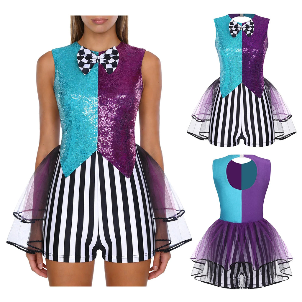Womens Circus Clown Mad Hat Cosplay Costume Jumpsuit Sequin And Striped Patchwork Checker Bowtie Tiered Tulle Hem Cutout Rompers - Big Tim's Magic Emporium