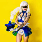 Holographic Silver Laser Bikini, Ruffle Skirt & Captain Hat 3-Piece Stage Costume Set