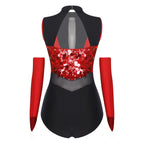 Sparkly Sequin Mock Neck Dance Leotard & Gloves Two-Piece Bodysuit Set