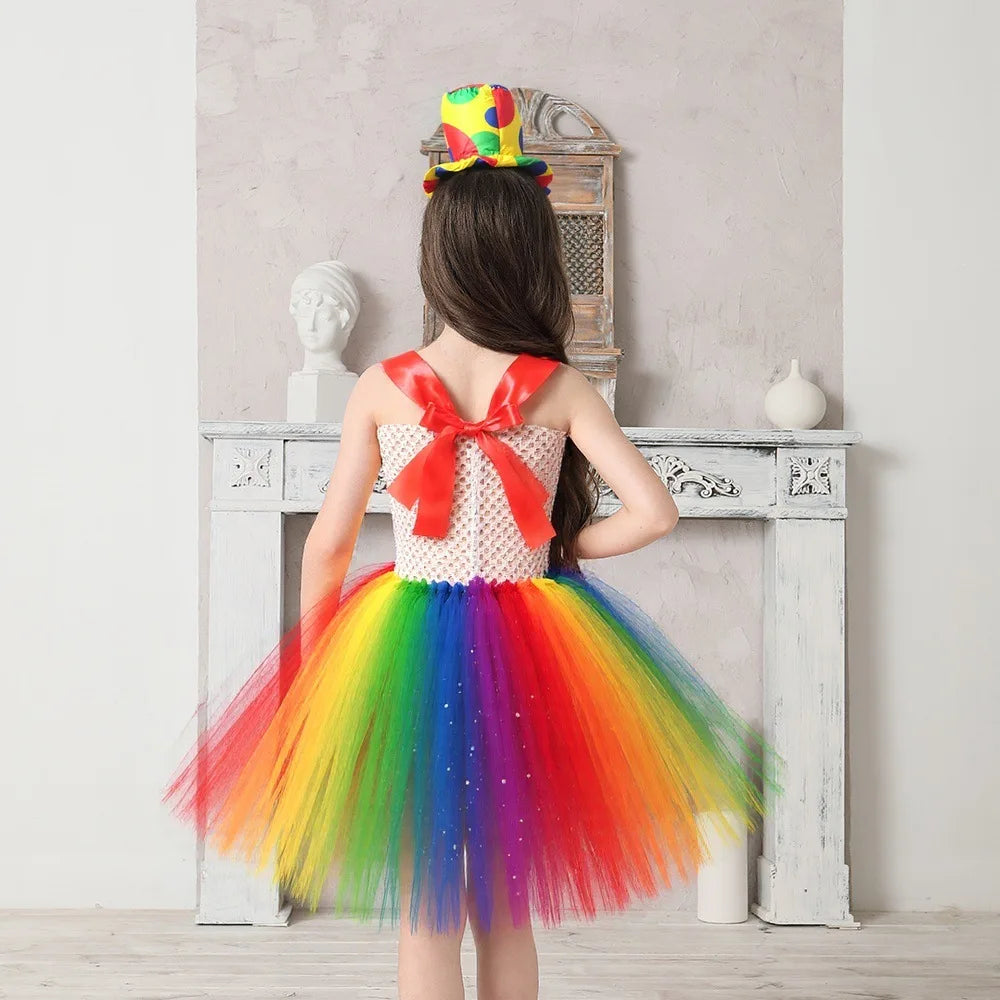Clown Multicolored Circus Costume for Girls Funny Joker Halloween Tutu Dress Kids Fancy Birthday Party Pageant Carnival Clothes - Big Tim's Magic Emporium