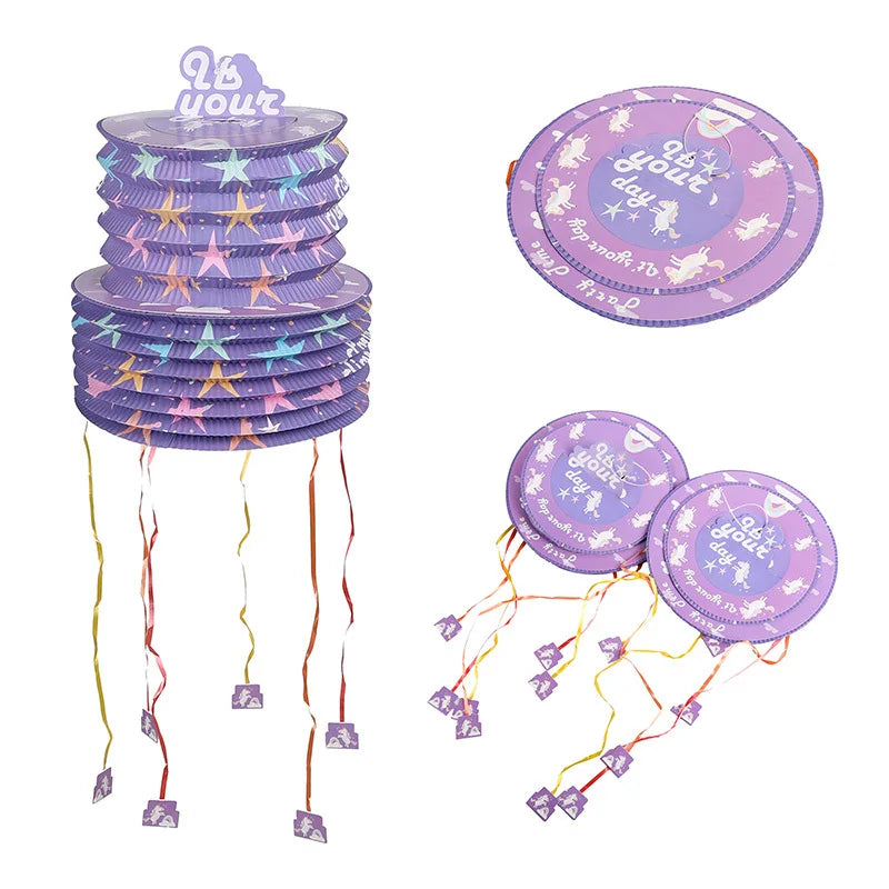 Purple Pull String Piñata Small Lantern Foldable Style Candy Smashing Game for Birthday Party Carnival Themed Events Supplies