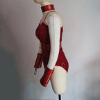 Red Sequins Bodysuit Leather Cuff Set