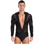 Men's Latin Salsa Sequin Tassel & Rhinestone V-Neck Performance Leotard Bodysuit