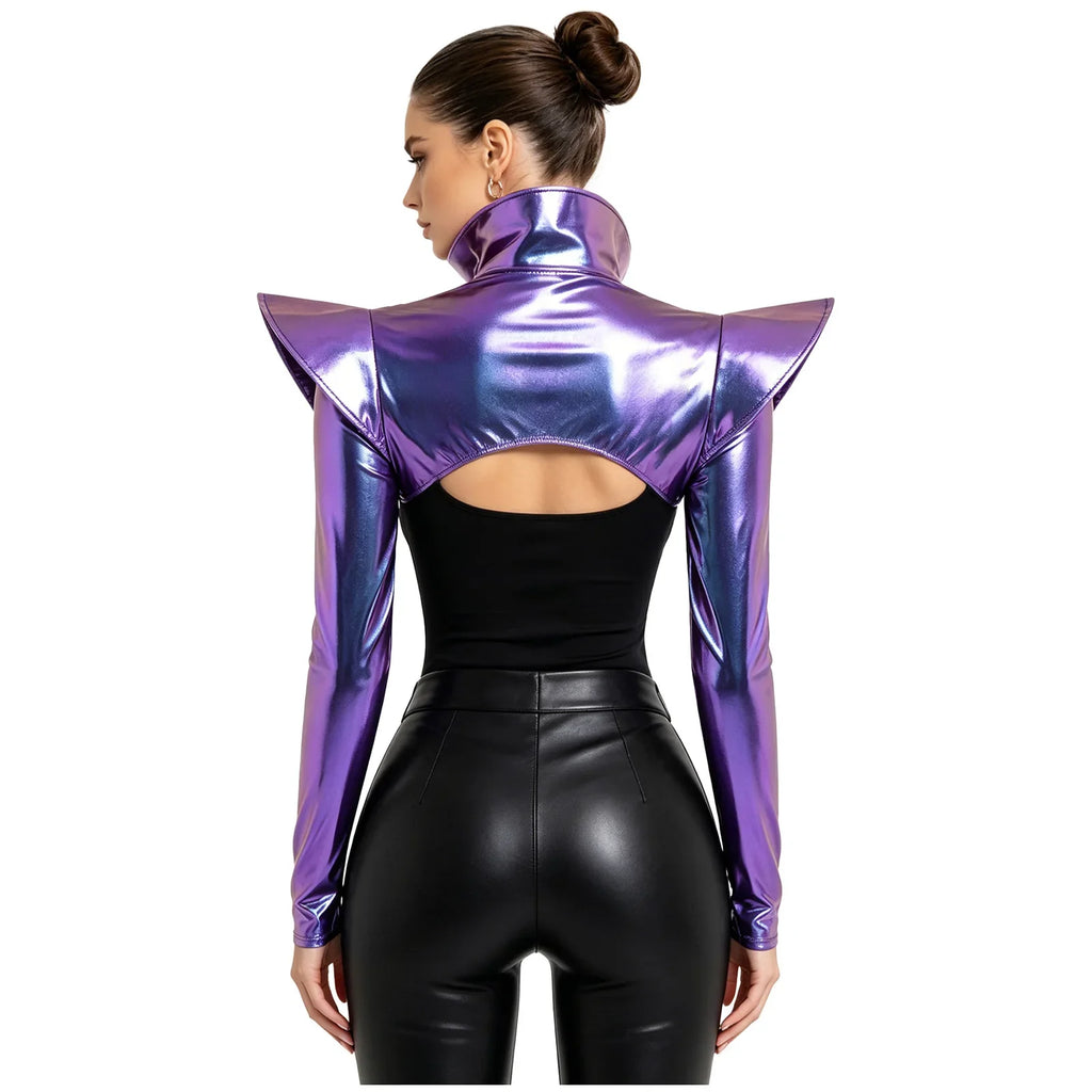 Metallic Shoulder Armor Shrug Crop Top & Sleeves Futuristic Pauldron Stage Costume